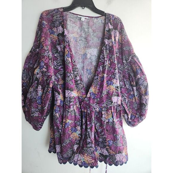 Kika Vargas for Target Purple Floral Puff Sleeve 100% Cotton Wrap Blouse size 3X - Picture 7 of 10